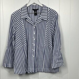 Ali Miles Womens Shirt PXL Blue White Stripes Triangle Buttons Roll Tab Sleeves